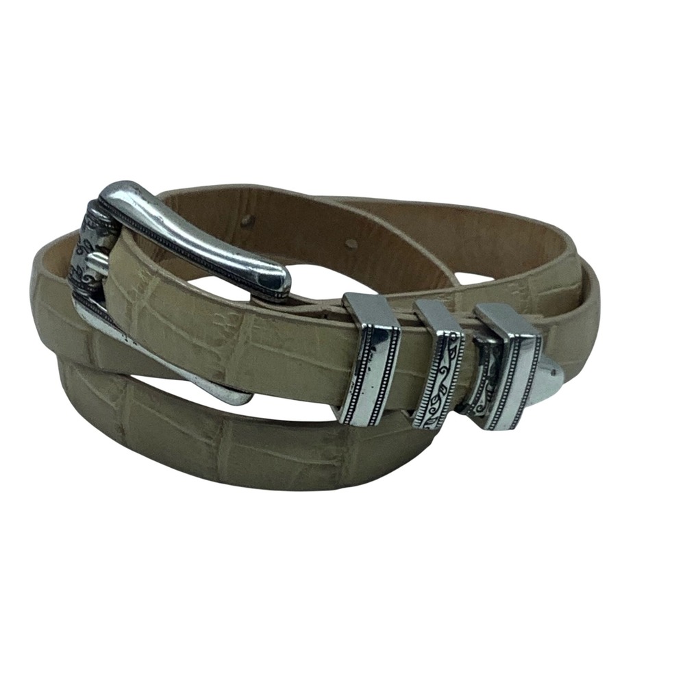 Vintage Western USA Leather Croc Embossed Belt Beige Silver Buckle L 94001
